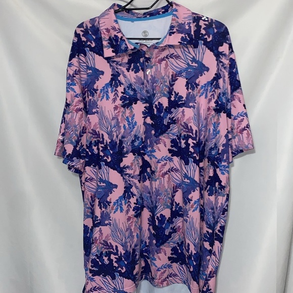 SCALES MENS SIZE XL Pink and Blue Polo Shirt with UNDERWATER CORAL Print EUC - Picture 6 of 11